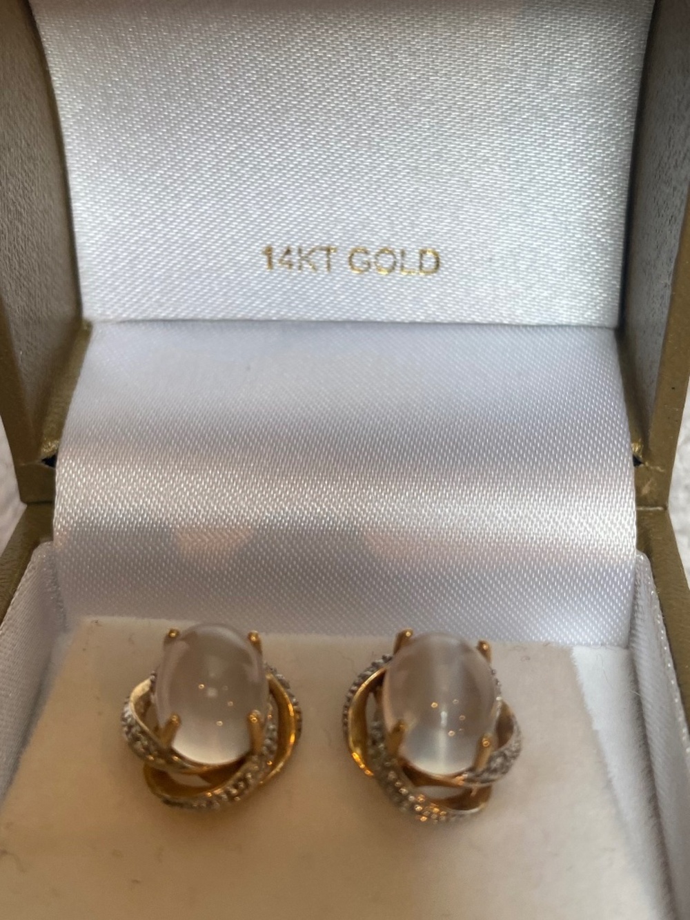 Moonstone & Diamond Accent 14 Karat Gold Earrings. - Picture 2 of 4